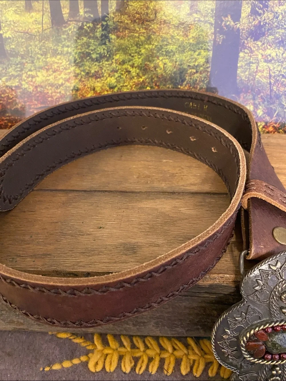 CAbi Brown Leather Belt with Ornate Silver-Tone Beaded Buckle